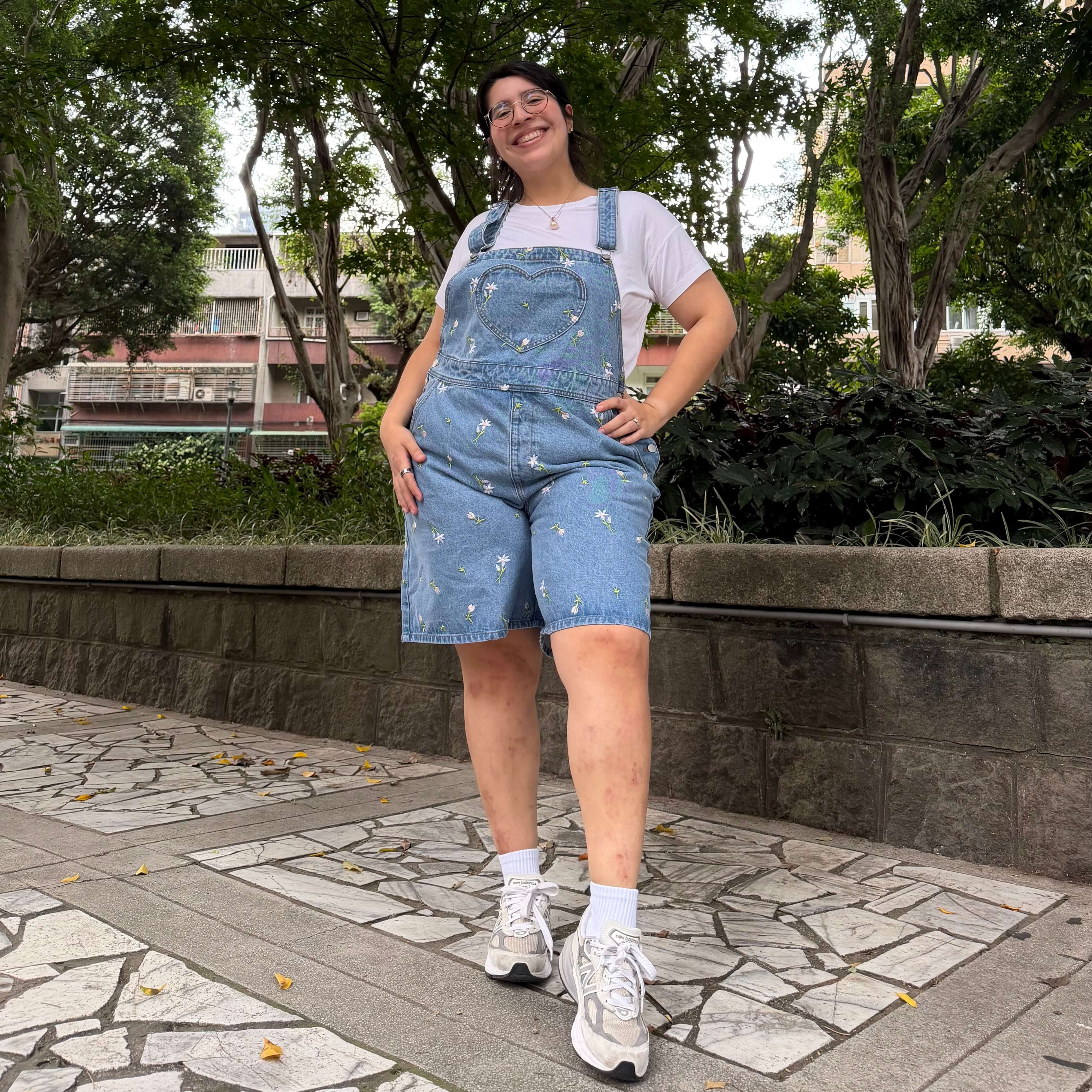 Denim Overall Shorts - Light Wash with Daisies *Clearance Sale*