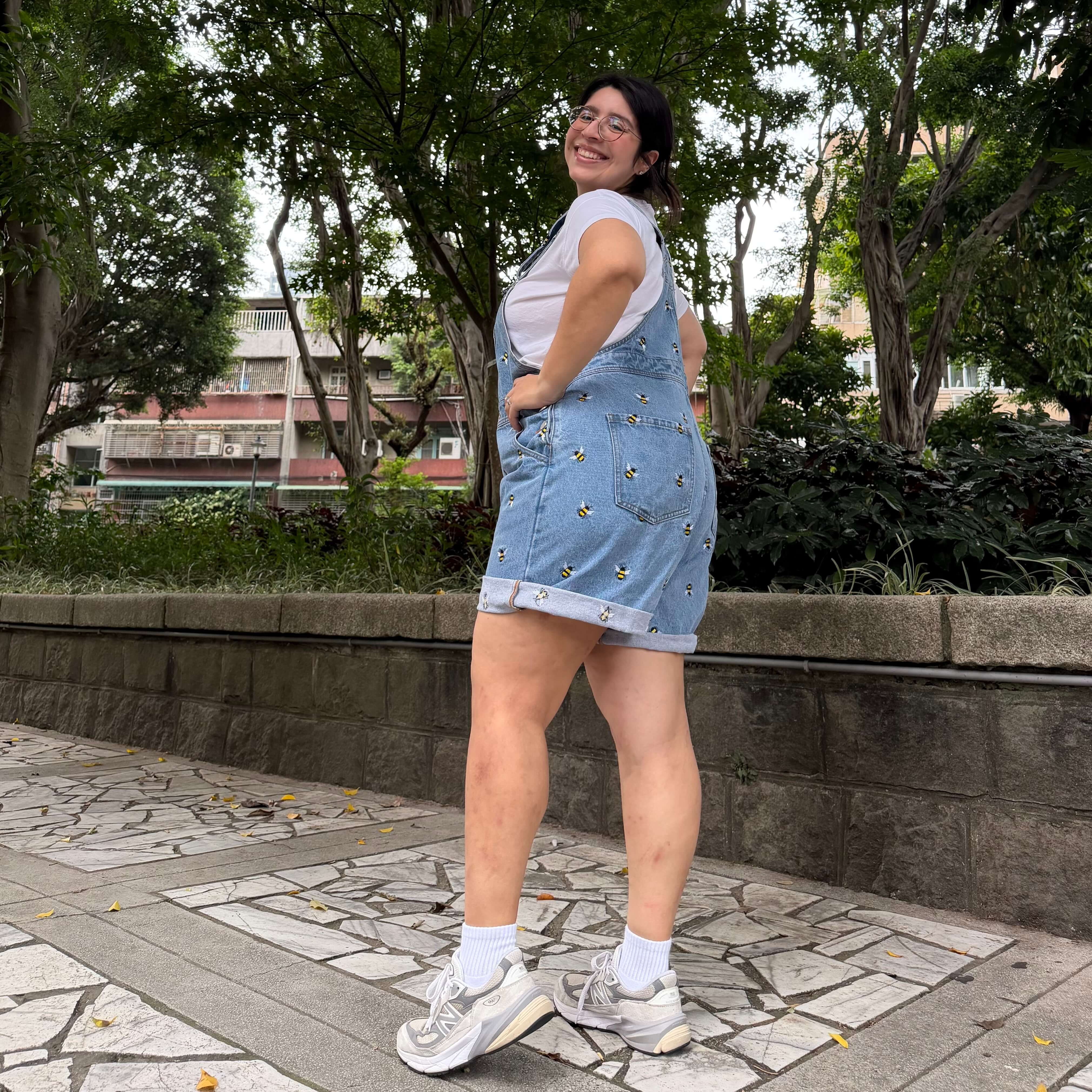 Denim Overall Shorts - Light Wash with Bees