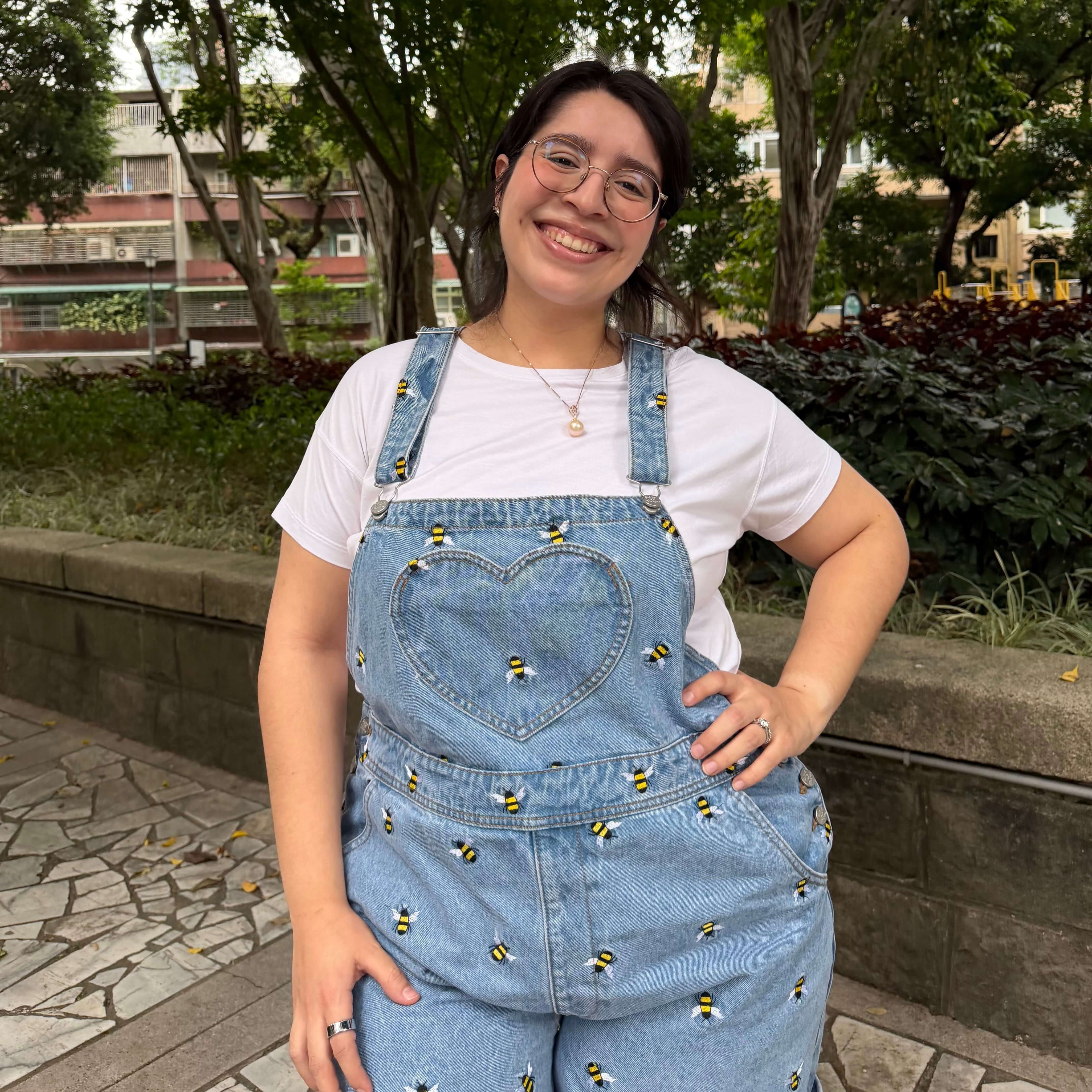 Denim Overall Shorts - Light Wash with Bees