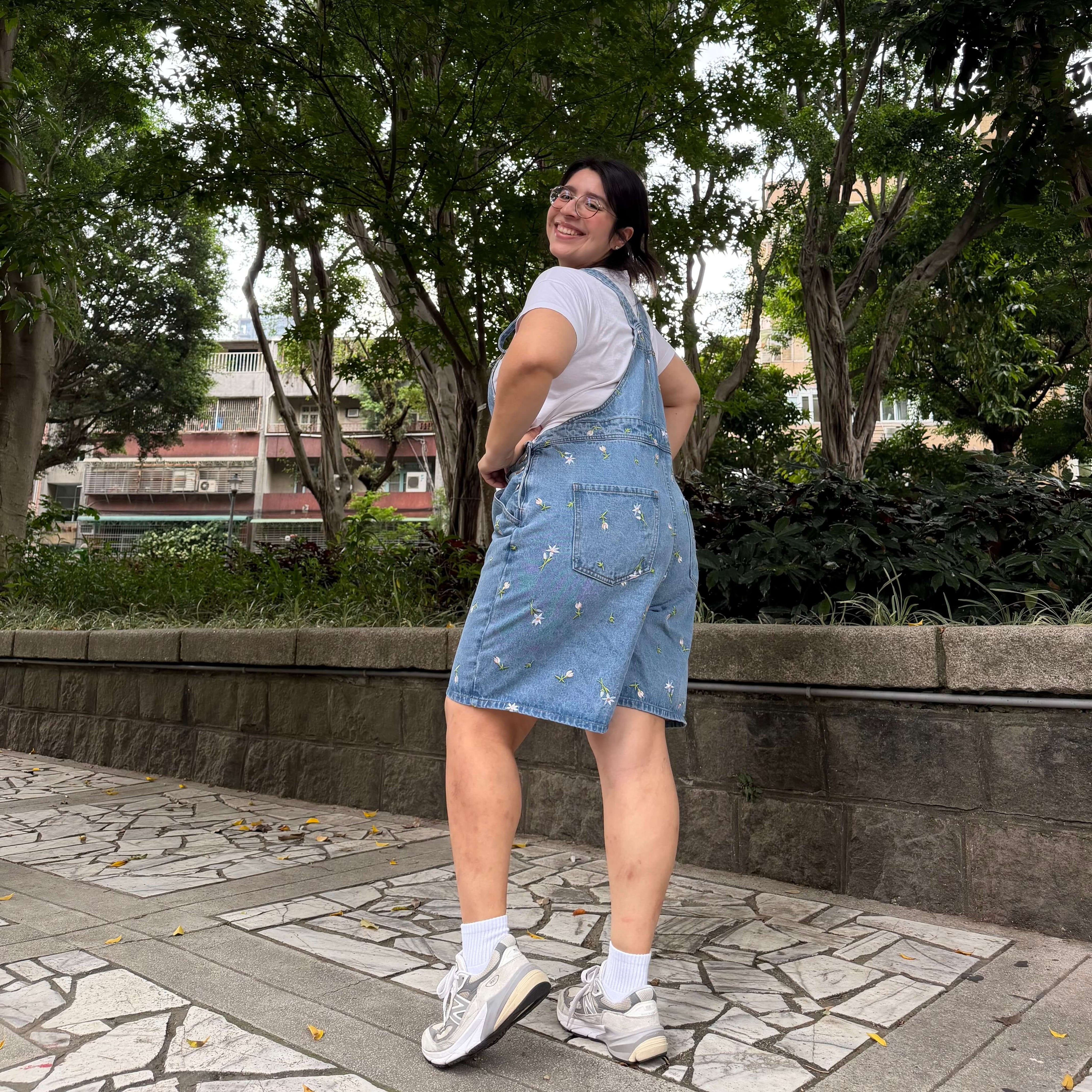 Denim Overall Shorts - Light Wash with Daisies *Clearance Sale*