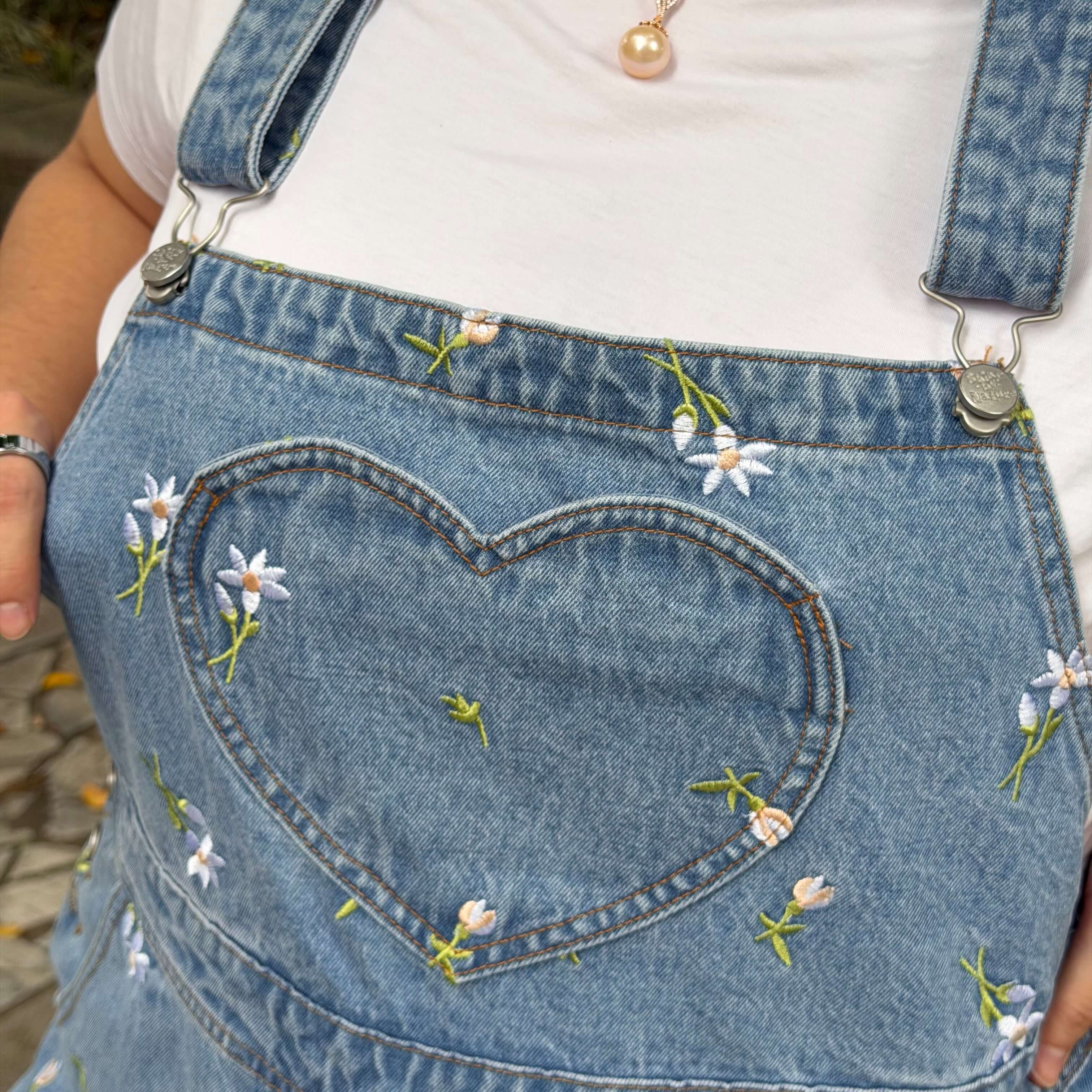 Denim Overall Shorts - Light Wash with Daisies *Clearance Sale*