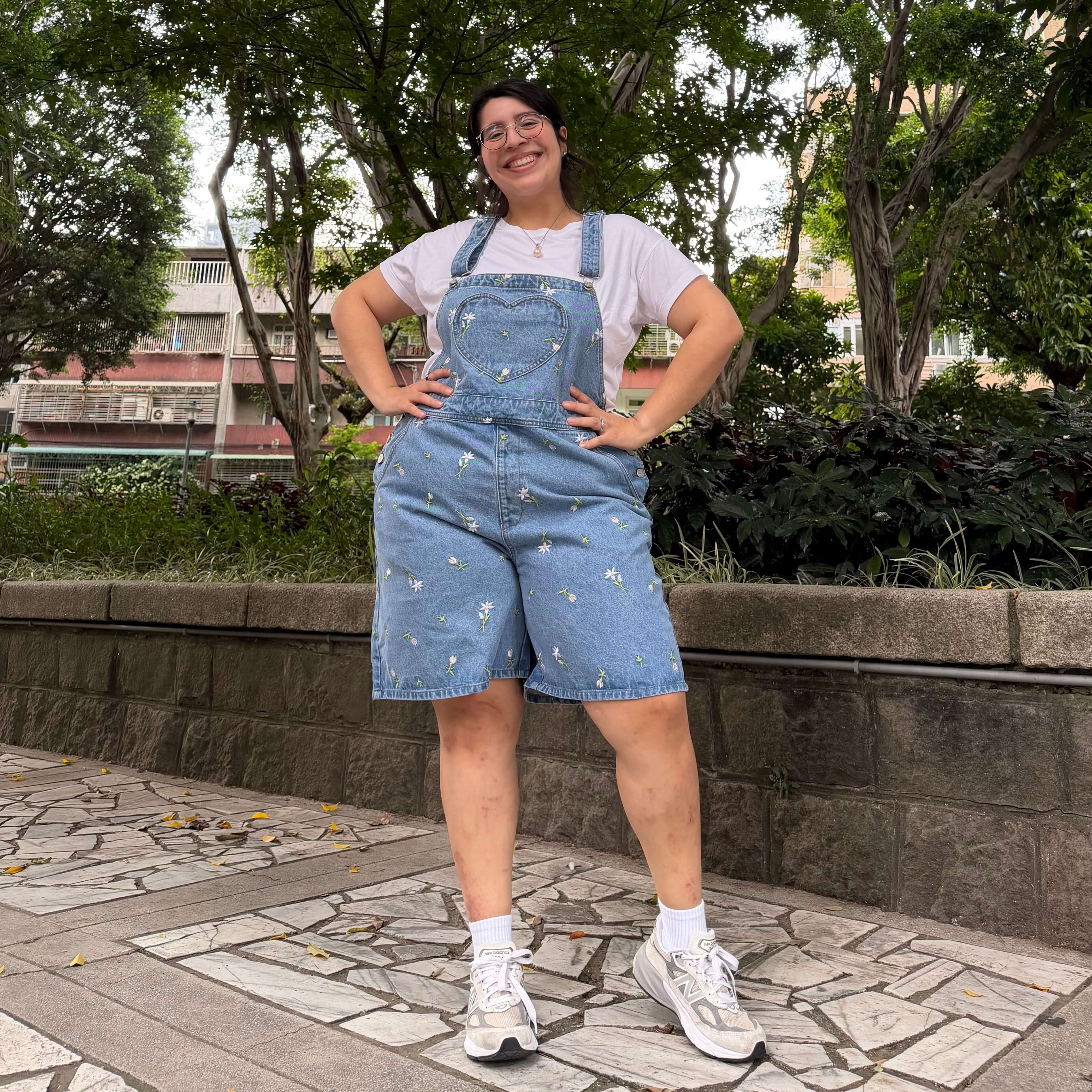 Denim Overall Shorts - Light Wash with Daisies *Clearance Sale*