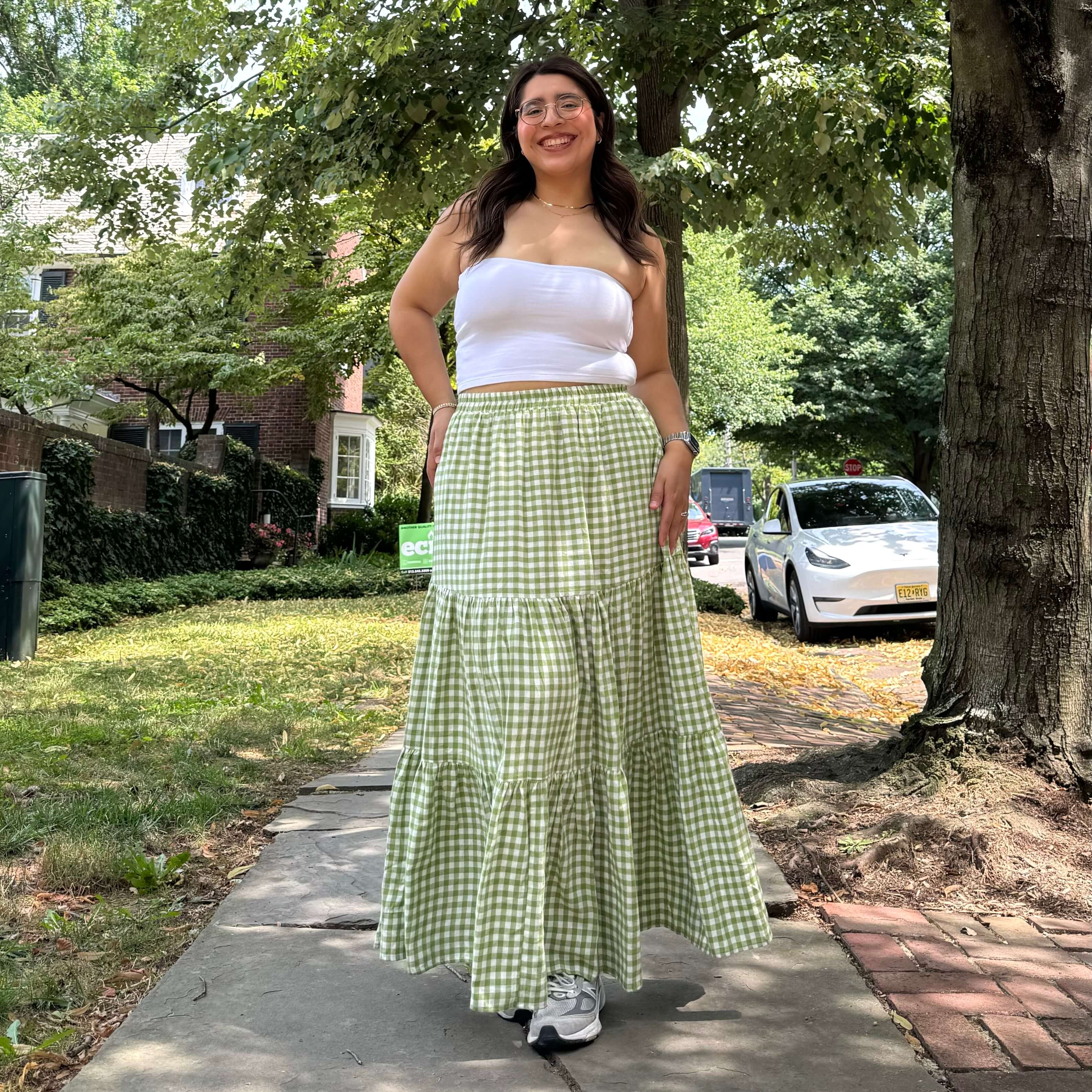 Gingham Long Skirt - Matcha