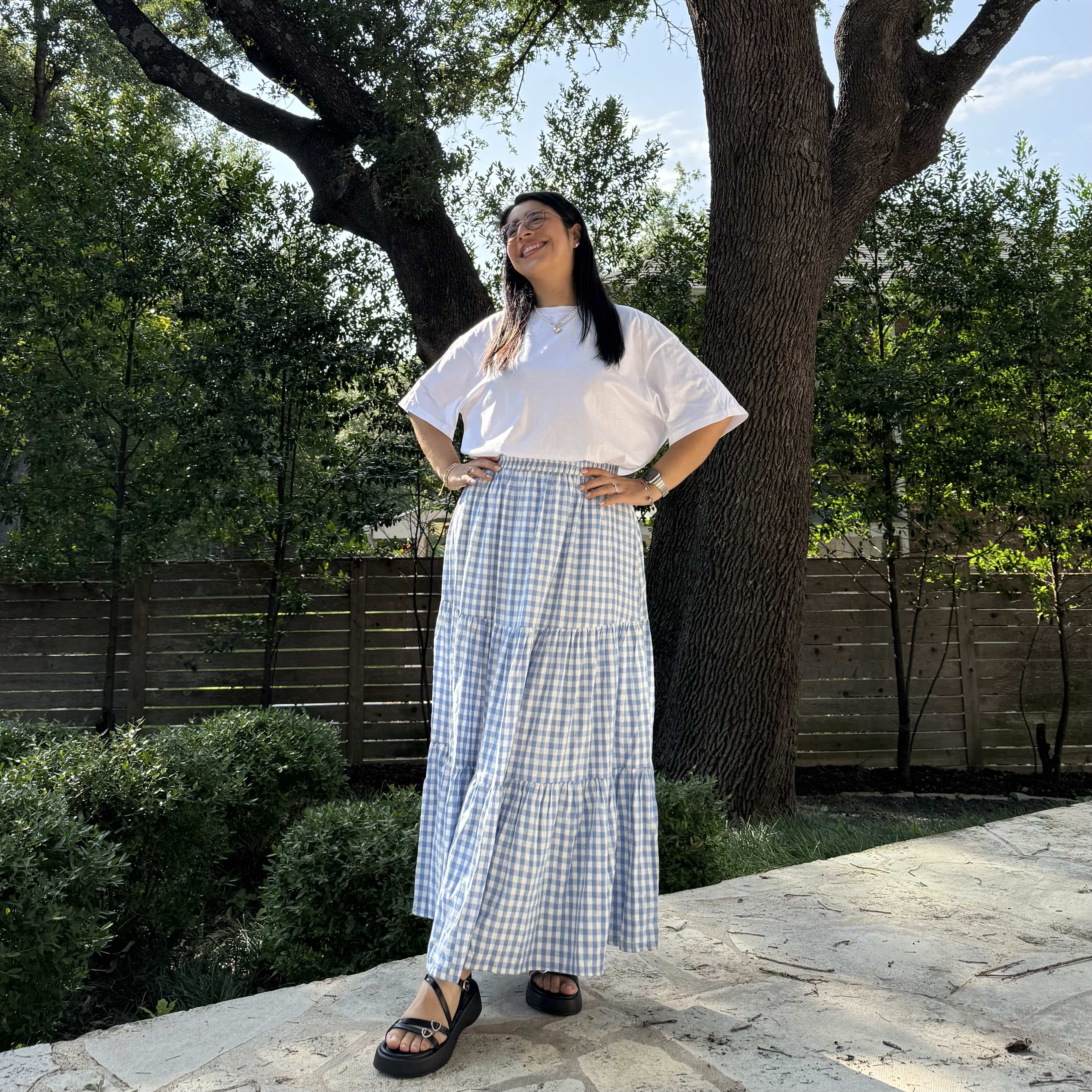 Gingham Long Skirt - Sky