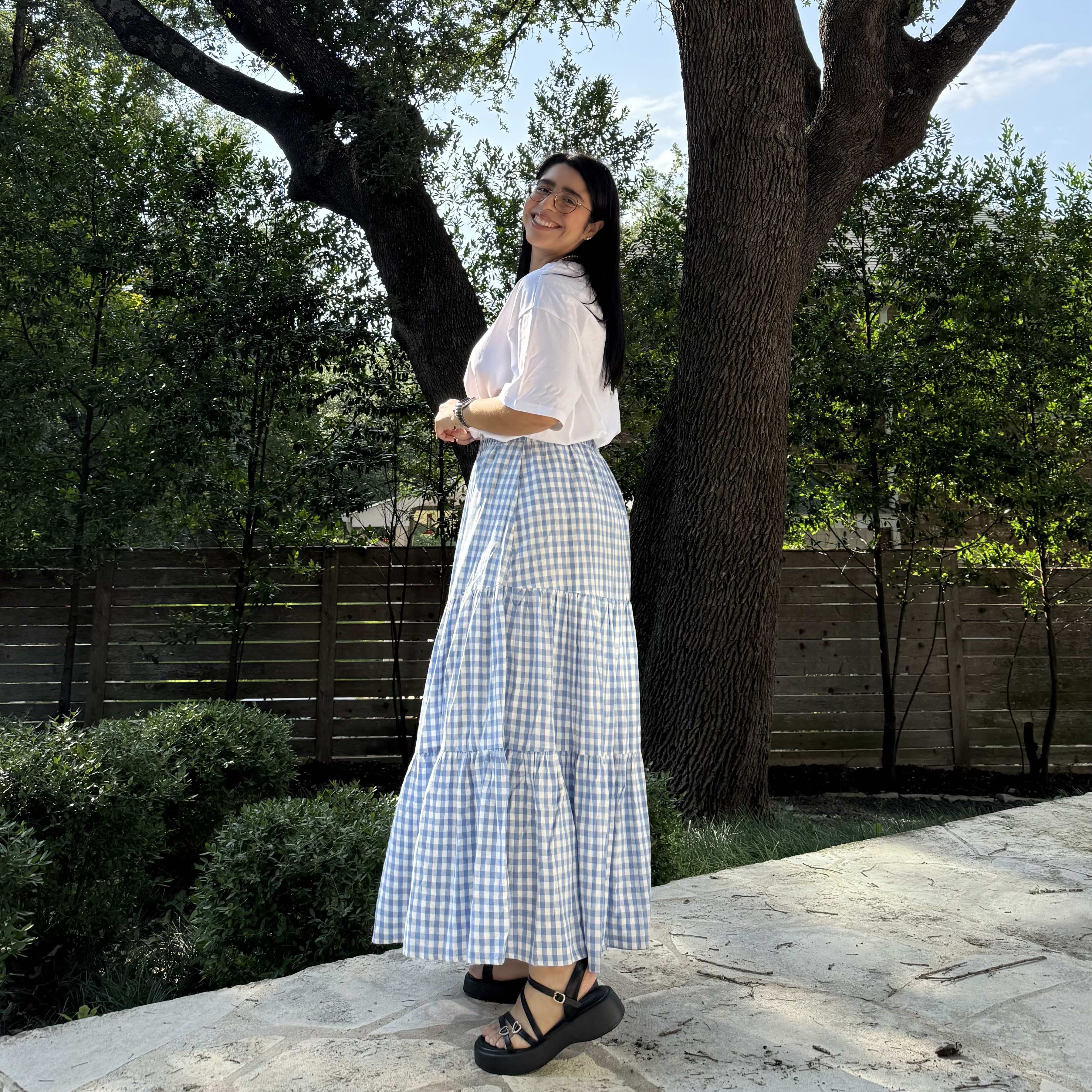 Gingham Long Skirt - Sky