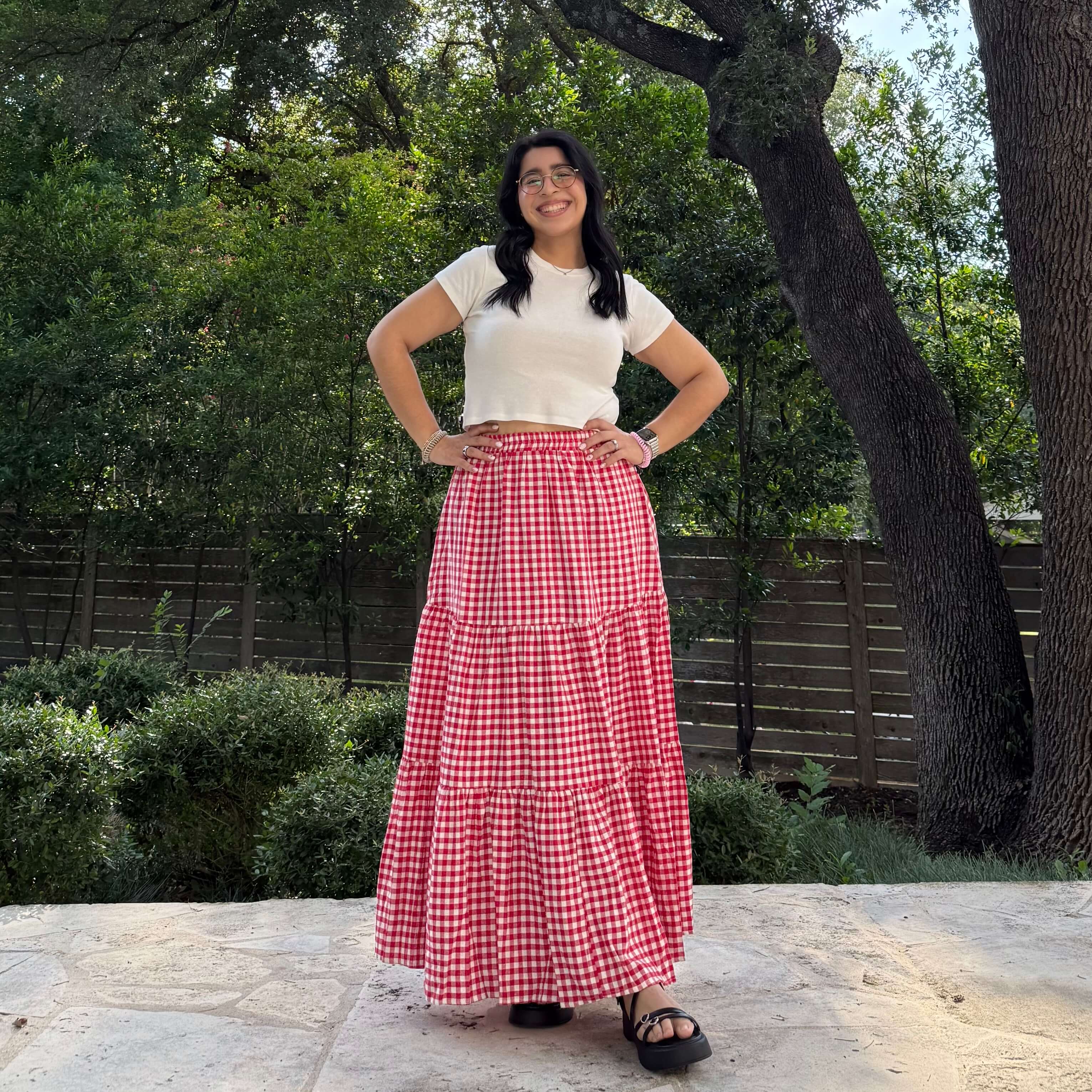 Gingham Long Skirt - Tomato